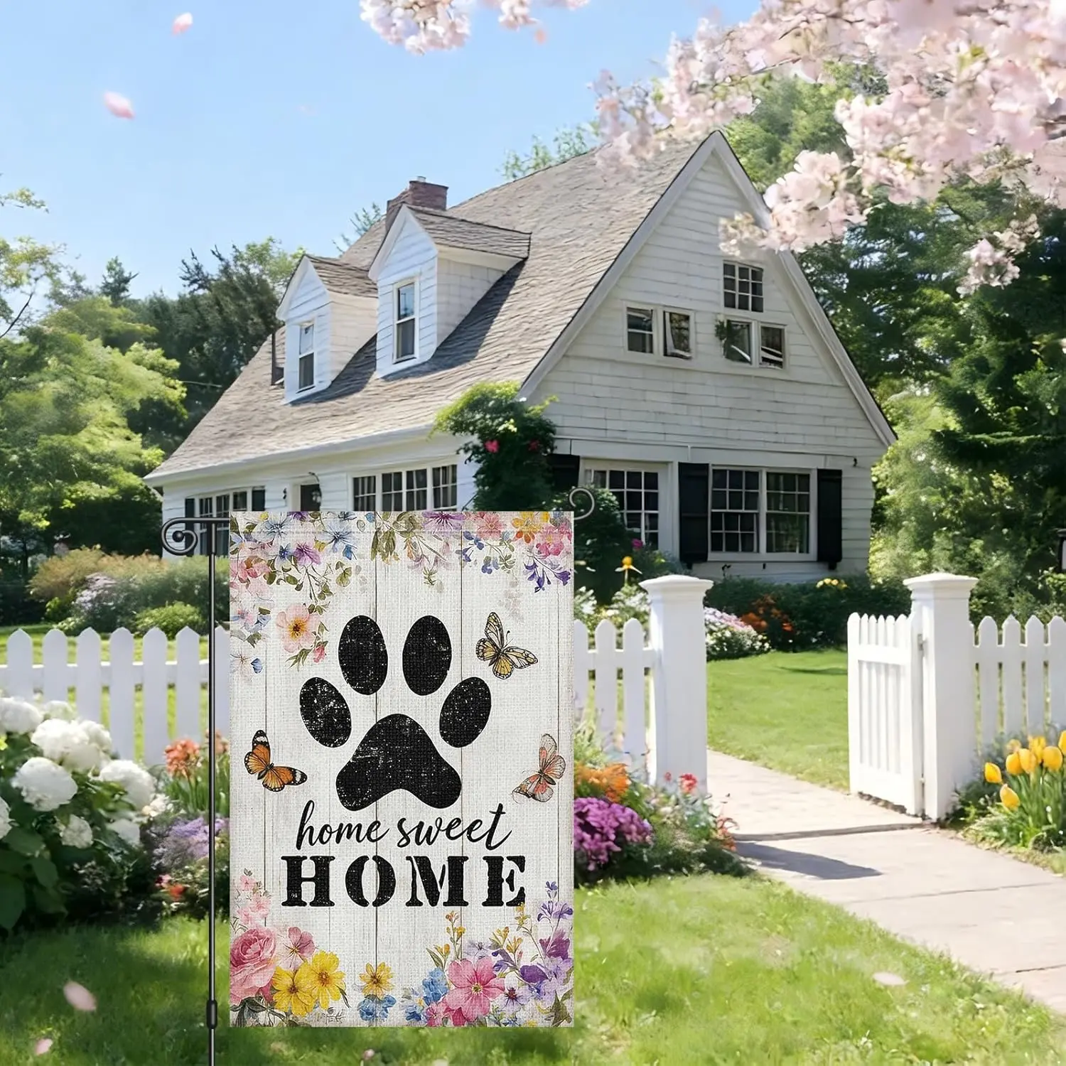 Heyfibro Spring Home Sweet Home Garden Flag 12x18 Inch Double Sided Floral Garden Flag Seasonal Small Paw Print House Flags jjp