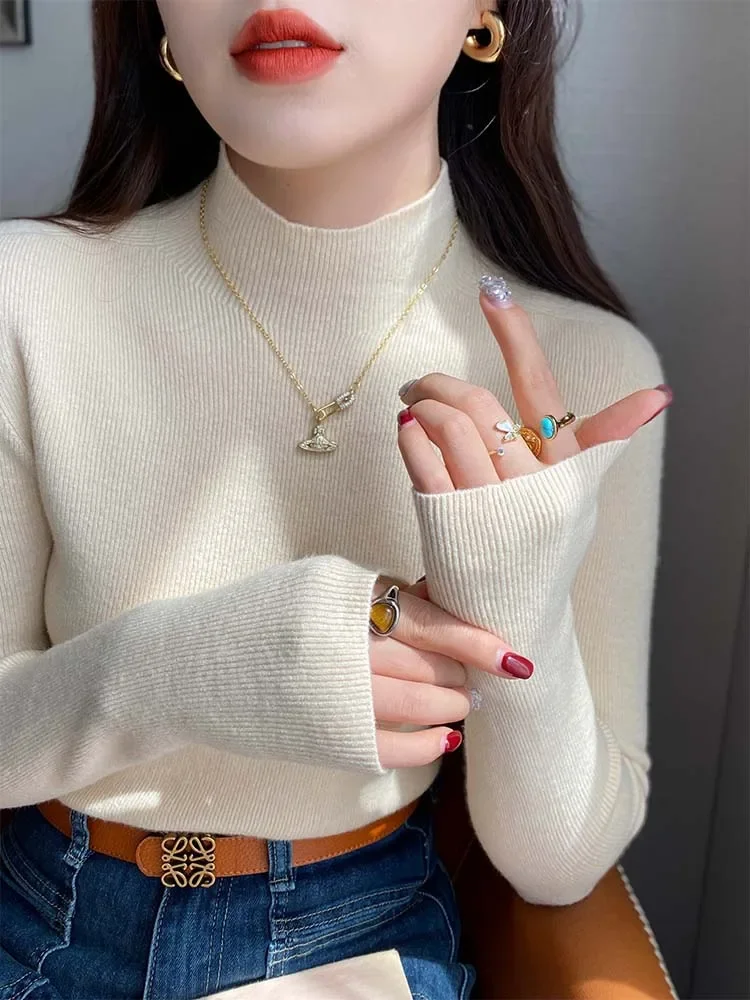 Camisola de malha feminina pullovers nova manga longa mock neck preto camisola de malha pulôver feminino topos suéteres sueters de mujer q1015