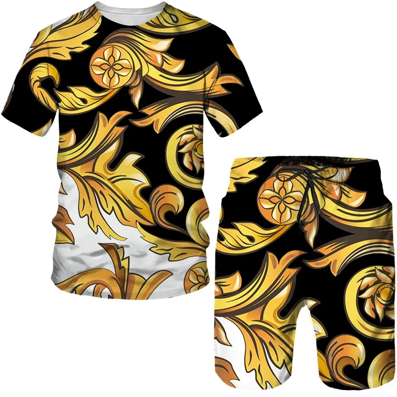 2025 Summer New Luxury Gold Printed 3D Men's and Women's T-shirt Shorts Set Retro Baroque Pattern Two Piece Set