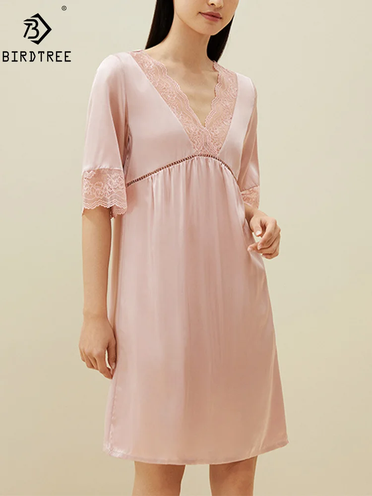 

BirdTree, 100%Natural Silk Sexy Pajama Dress, Women VNeck Lace Short Sleeve, Sweet Casual Nightgown, 2024 Summer Autumn P48020QM