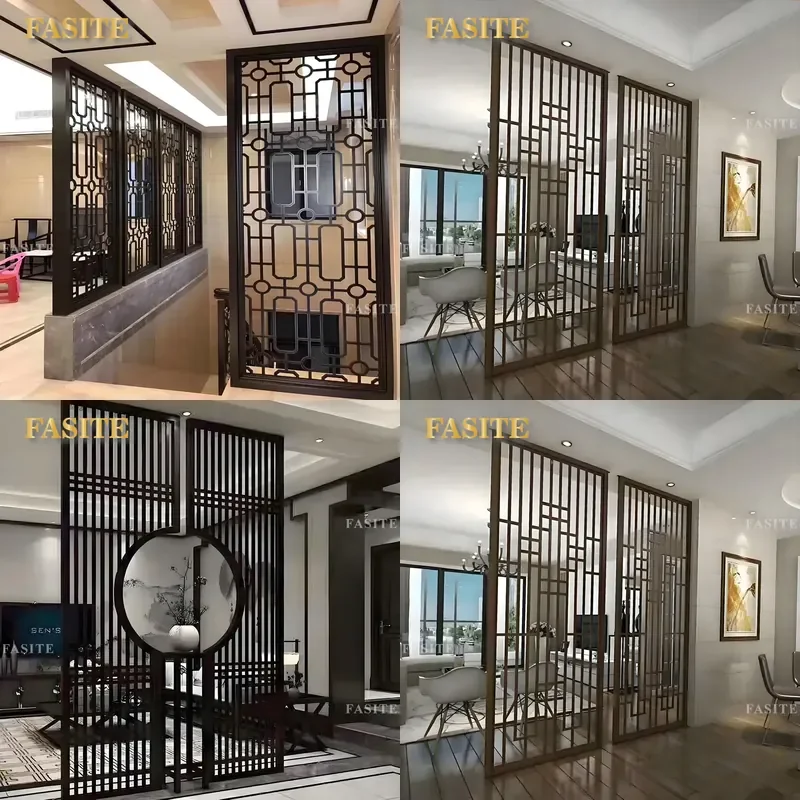 For Stainless Steel Screen Partition Rose Gold Hollow Engraving Metal Divider New Chinese Style Living Room Entrance Light
