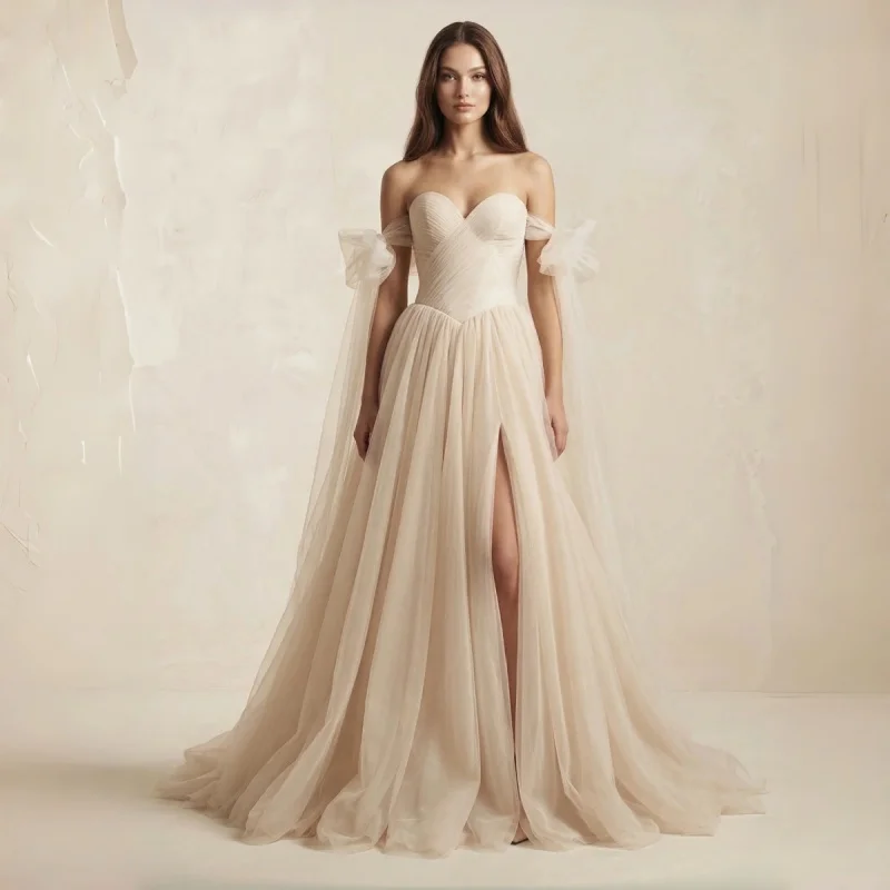 

Shoulder Bows With Long Streamers Crisscross Ruched Bodice High-Slit A-Line Off-The-Shoulder Sweetheart Tulle Wedding Dress