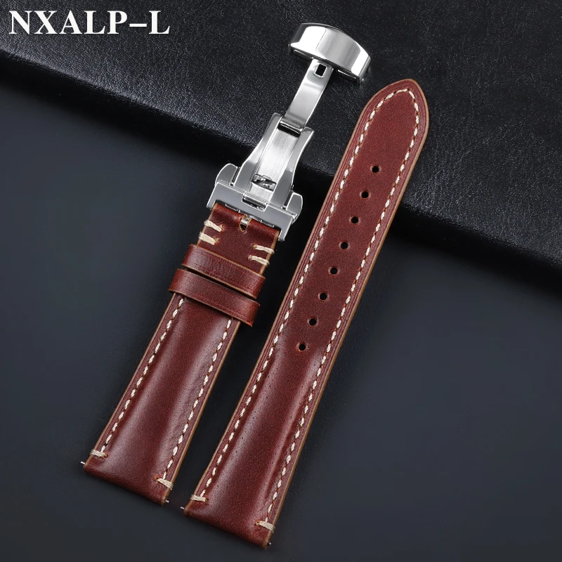 Pulseira De Relógio De Couro Genuíno, Liberação Rápida, Pulseira De Couro De Óleo, Fecho De Borboleta, Pulseira De Costura Artesanal, 20mm, 22mm, 24mm