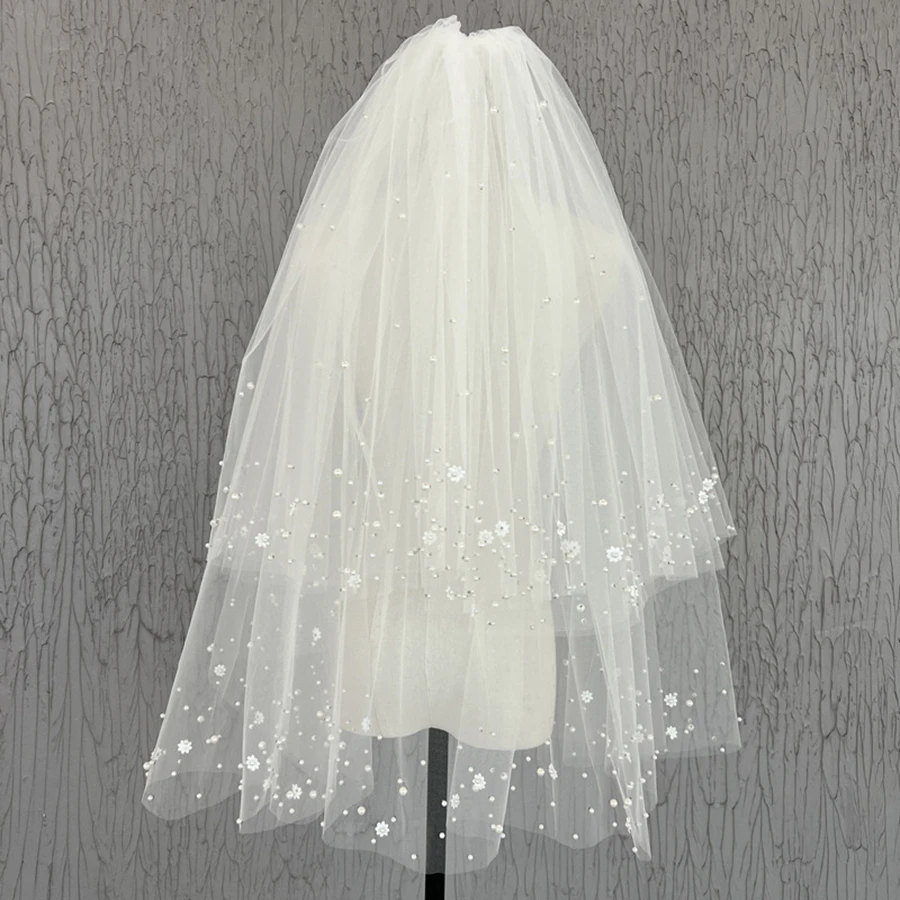 Nouveauté deux couches mariée voiles de Mariage perles fleur ivoire court voile de mariée Boda velo de novia Matrimonio