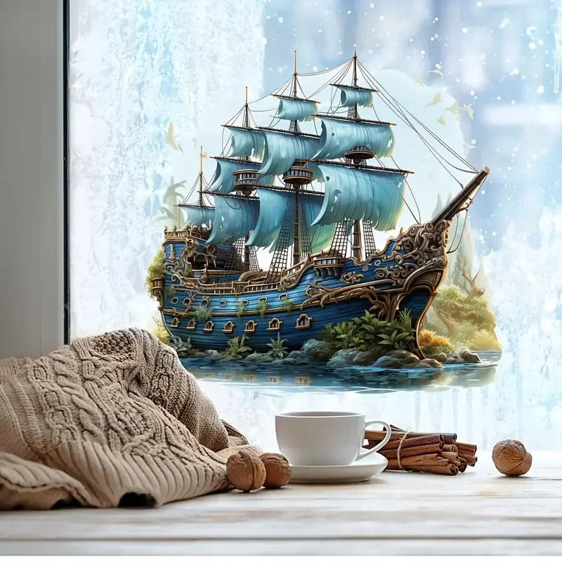 Blue Sailboat Wall Decal, Contemporary Style, Vinyl Material,  Self-Adhesive, Irregular Shape, Suitable for Living Room, Bedroom