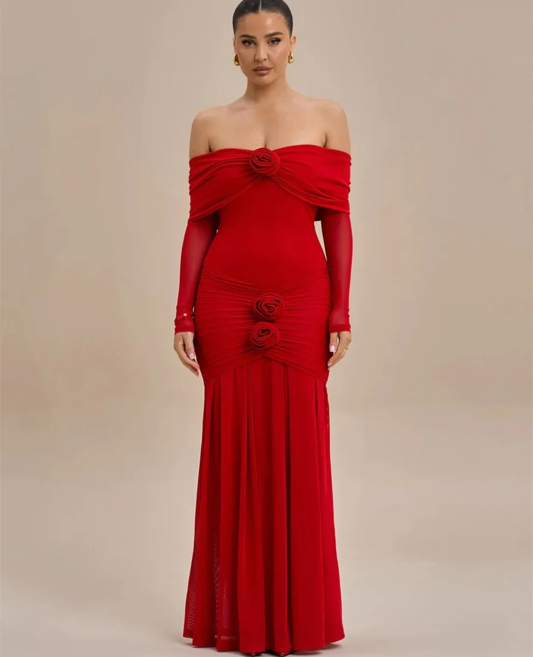 Vestidos de Noche largos personalizados de LICRA con cuello barco y flores, sirena plisada hasta el tobillo, vestido de fiesta para mujer