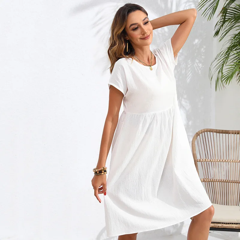 2024 Summer New Fashionable and Beautiful Solid Color Cotton Linen Round Neck Sleeveless A-line Skirt Pocket Dress