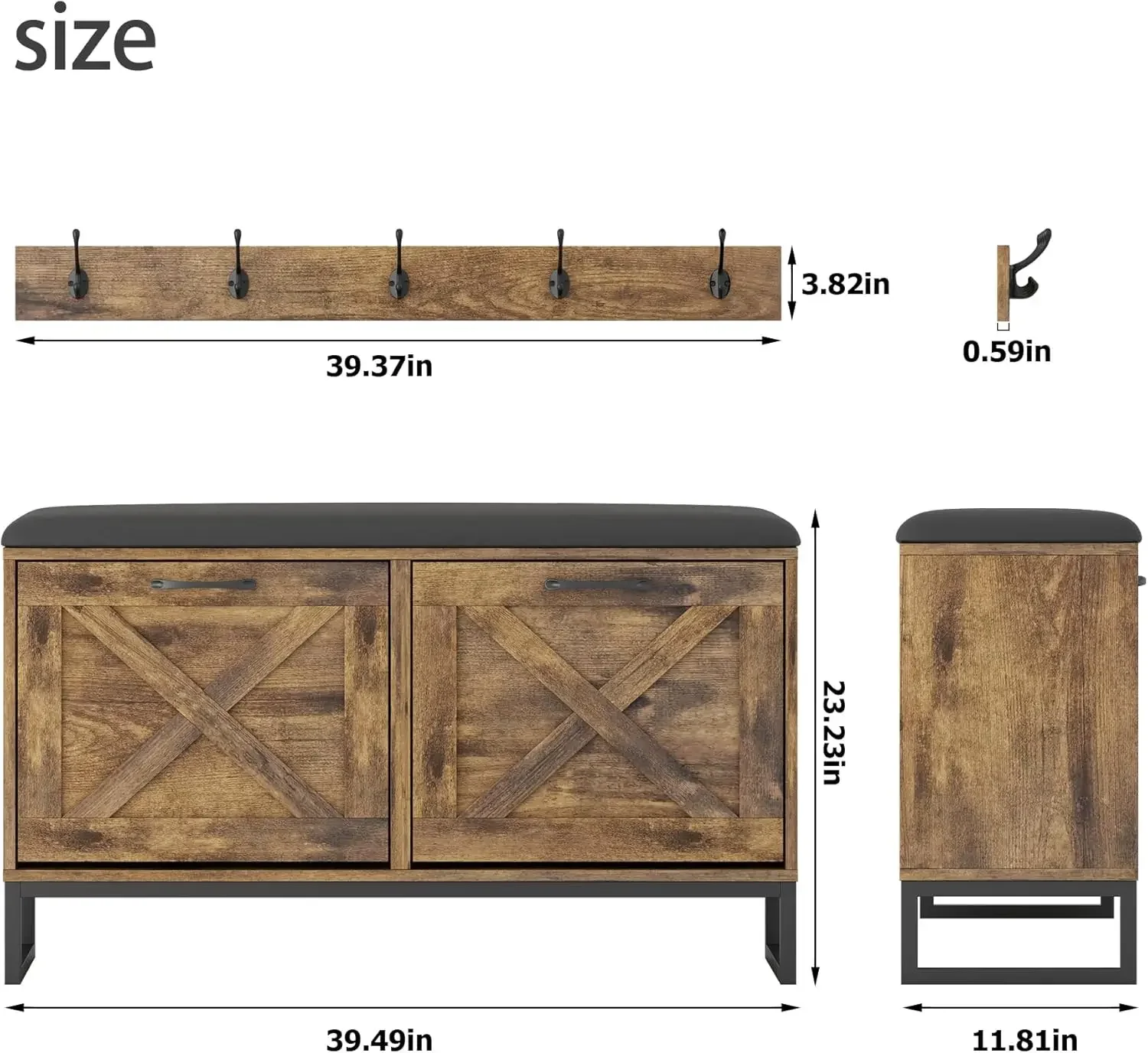 Shoe Cabinet with 2 Flip Drawers & Coat Rack, Shoe Storage Bench with Seat Cushion for Entryway, 5 Large Sturdy Metal Hooks - wi