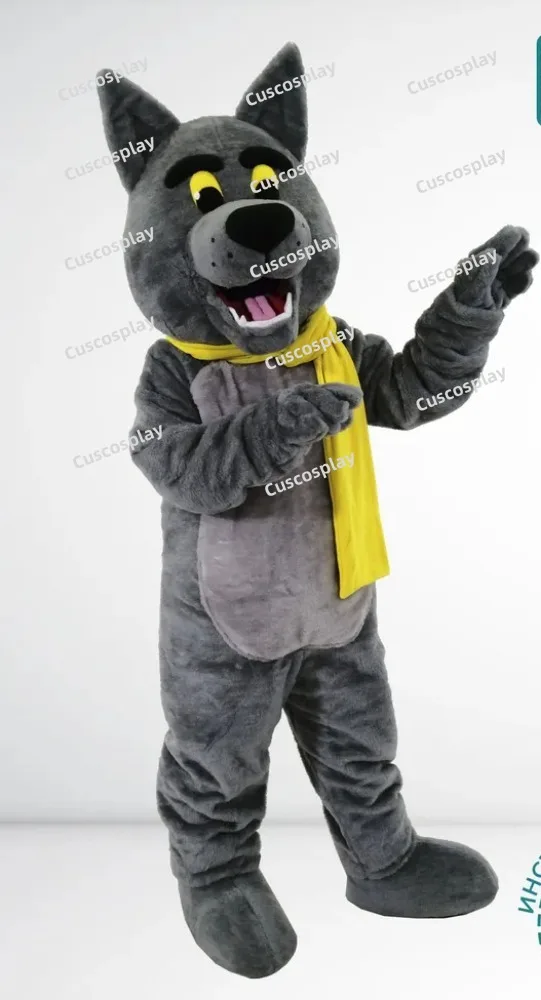 Christmas Grey Wolf Yellow Scarf Mascot Costume Adult Cartoon Character Outfit Attractive Suit Birthday Gift For Carnival Part