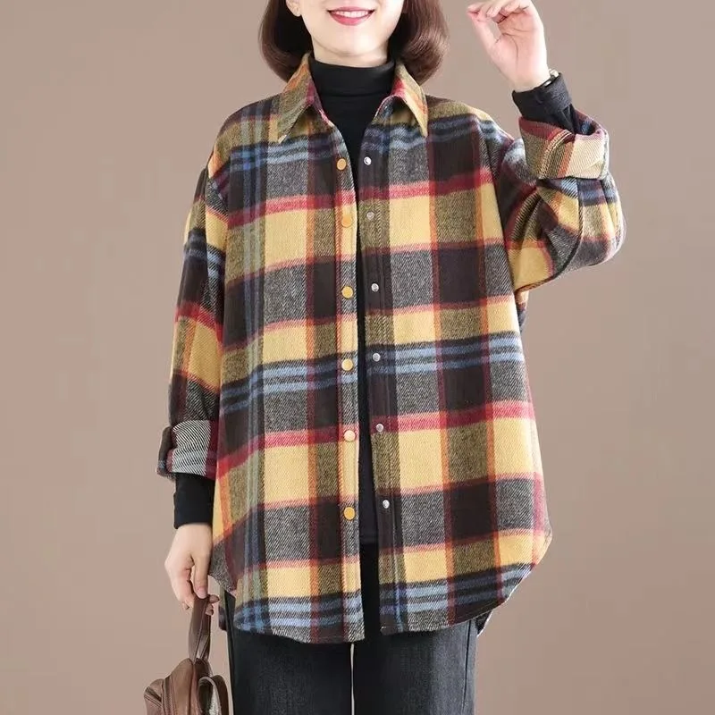 

Autumn Women's 2025 New Spliced POLO Collar Buttons Grinded Plaid Fashion Loose Long Sleeve Shirt