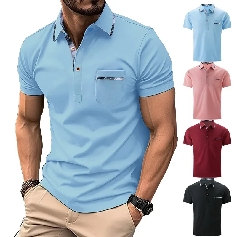 

Men New Polo Collar T Shirt Men Short Sleeve Shirts Casual Shirt Pockets Slim Fit Summer Business Pullover 2025 Button Spliced