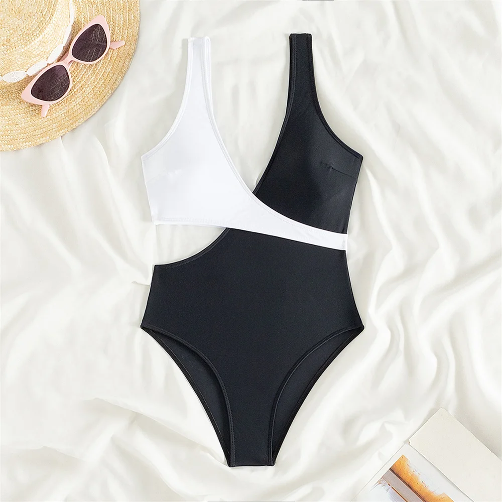 

Black Splicing White Bikini V-neck Push Up Swimsuit Hollow Out Monokini Women Vacation Swimwears Beach Bathing Suits Bikinis Set