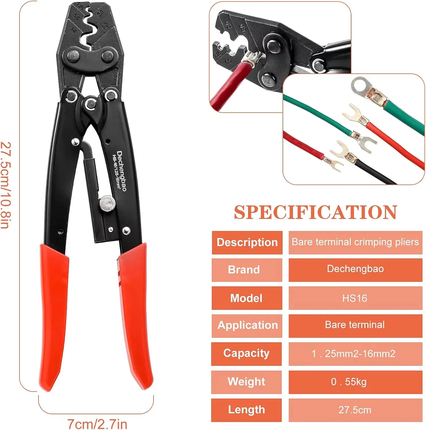HS-16 Crimper für nicht isolierte Anschlüsse, 1,25–16 mm, einfache Crimpzange, Drahtverbinder, Elektriker-Werkzeug, SNB, RNB, SC, UT, OT – Detail 3