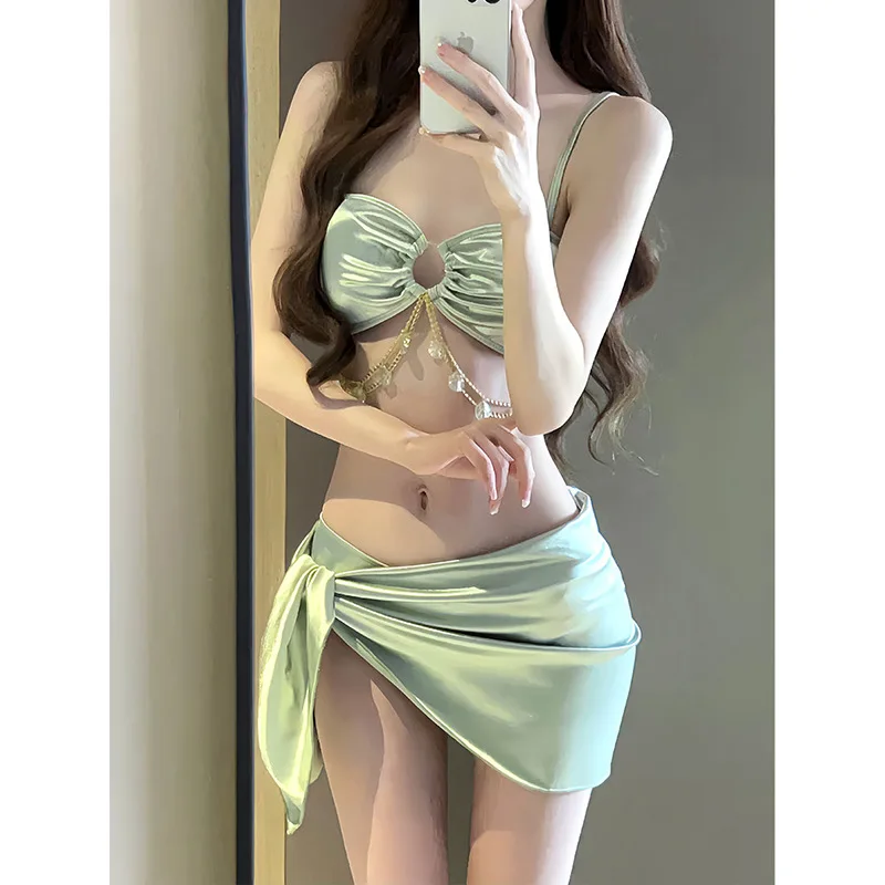 2023 Trend Women Bikini Set Light Green Sexy Push Up Swimwear 3-częściowy strój kąpielowy Letni strój kąpielowy Maillot De Bain Female