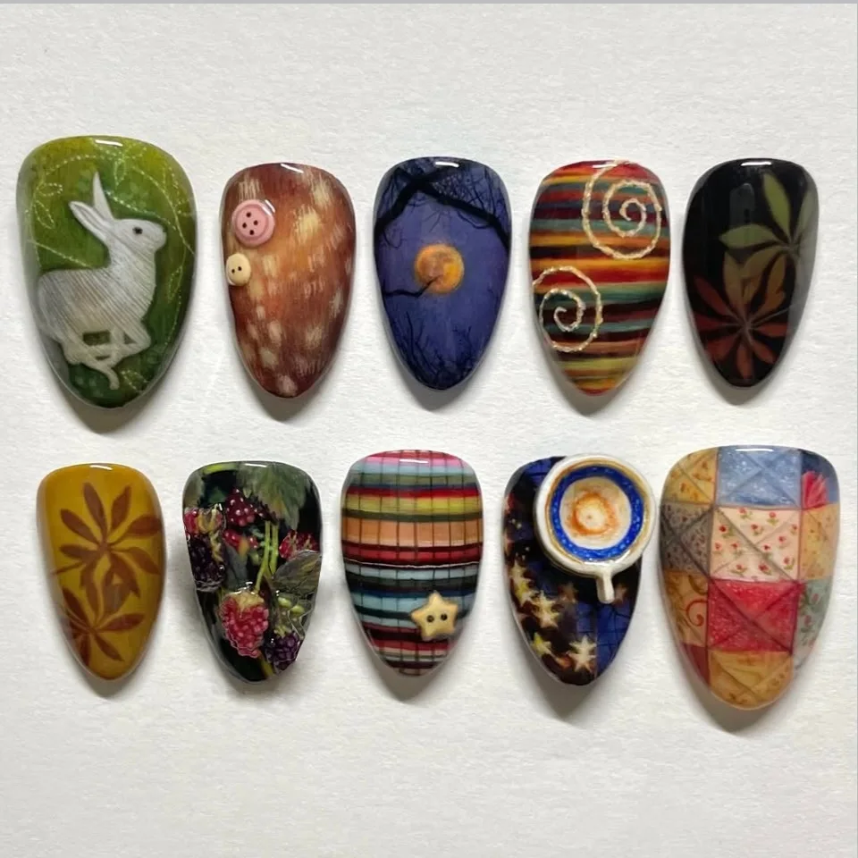 24 piezas uñas postizas vintage estilo campestre con dibujos de corderitos, conejitos y rosas, con moños 5
