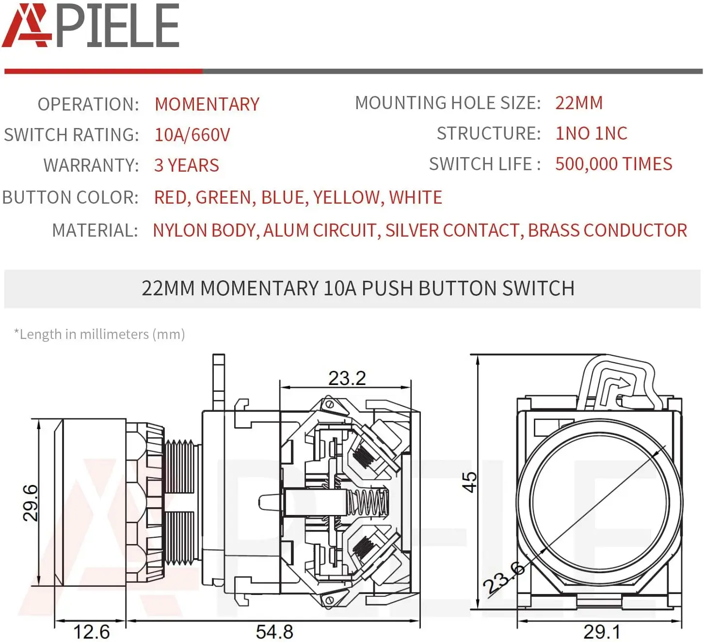 APIELE 22MM Momentary Push Button Switch 1NO 1NC Metal Head LA36A-11BN