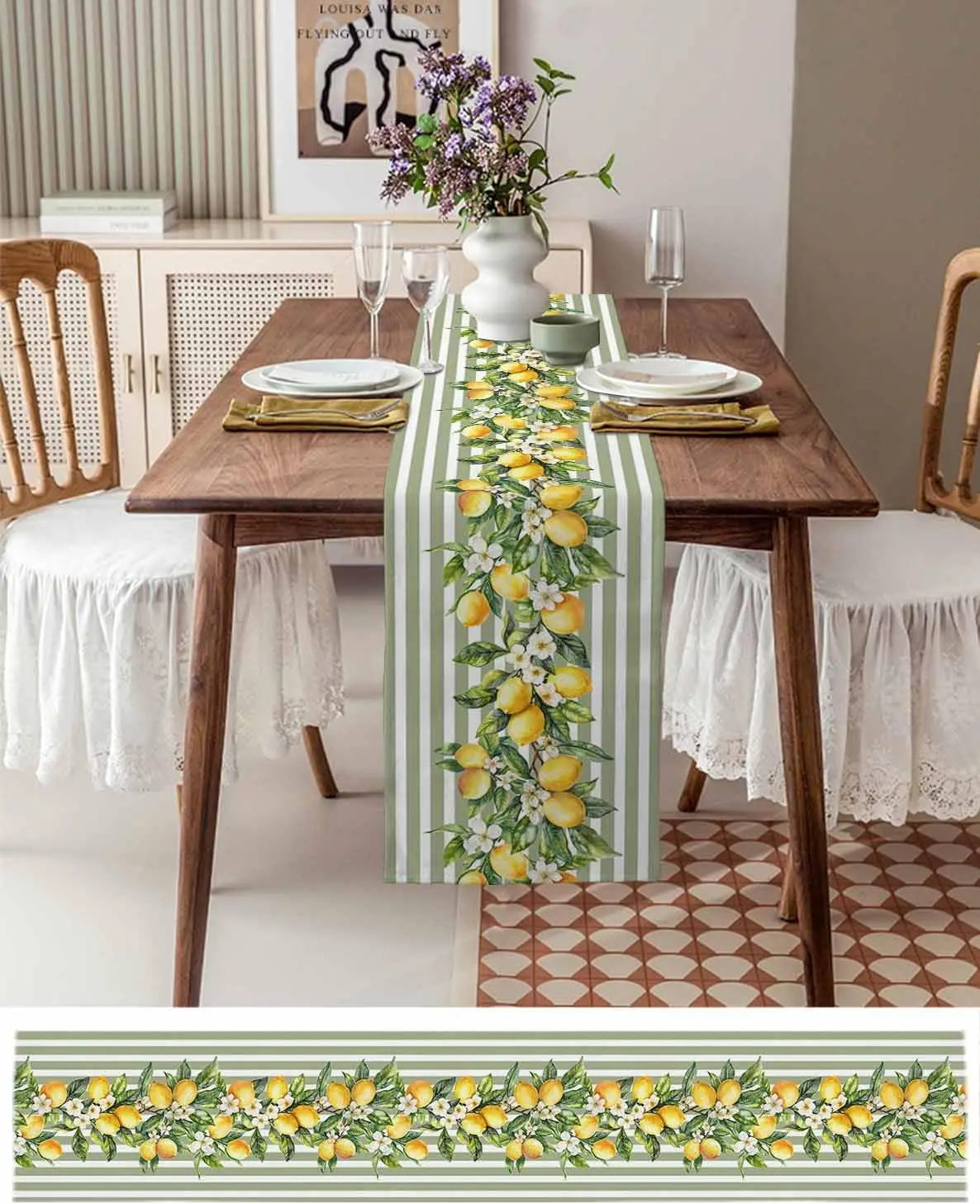 الصيف الليمون الفاكهة الزهور الكتان الجدول عداء مضمد وشاح ديكور أخضر أبيض مخطط الجدول العدائين عطلة المطبخ حزب ديكور