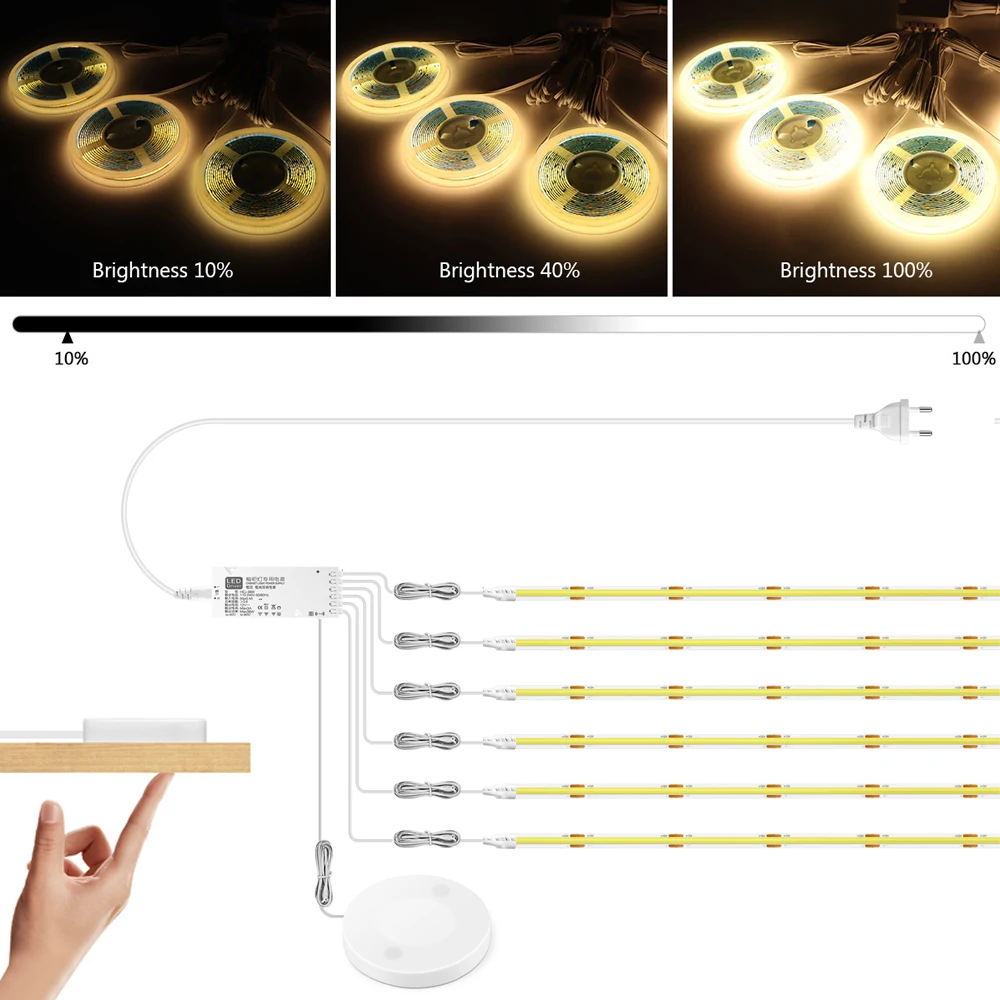 Pasek COB Led do drewna z możliwością przenikania 110V 220V z moc US ue przejściówka ściemniania wyłącznik dotykowy pod lampką równoległą