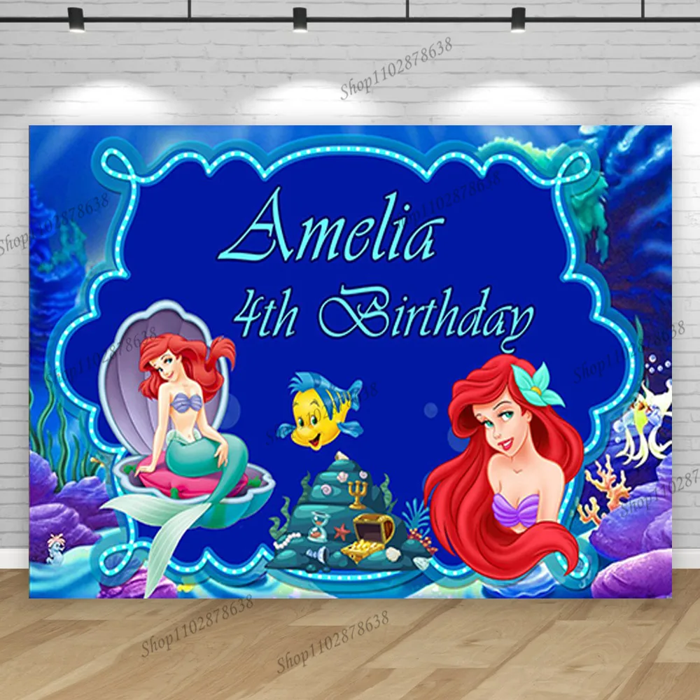 ที่กําหนดเอง Disney Mermaid ฉากหลัง Photocall Princess Ariel Girl First Party พื้นหลังอุปกรณ์ตกแต่ง Baby Photo Studio