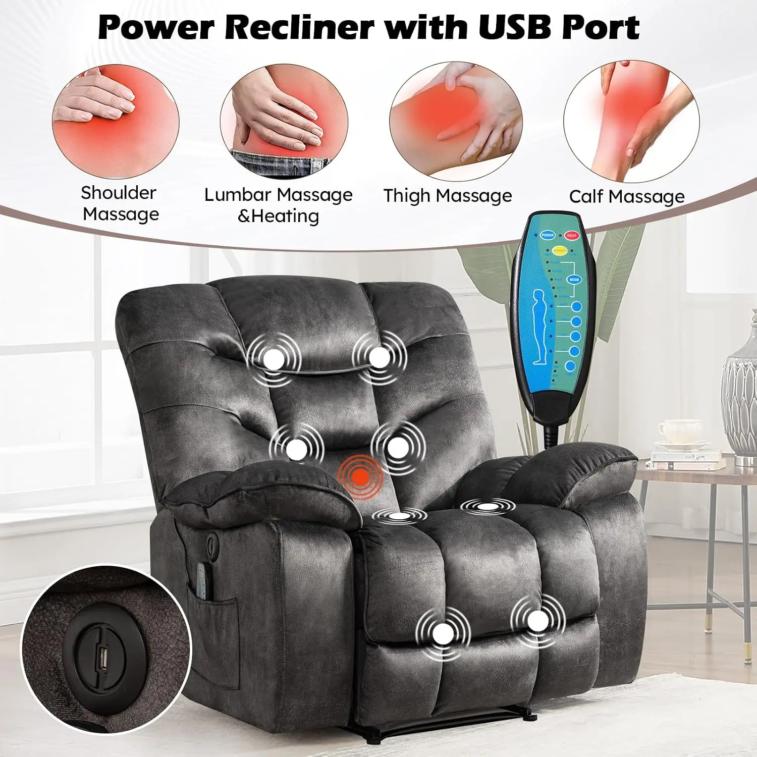3 Pieces Recliner Sofa Furniture Set, Include 2 Power Recliner Chairs with Message&Heat and a 3-Seater Reclining Couch for Livin