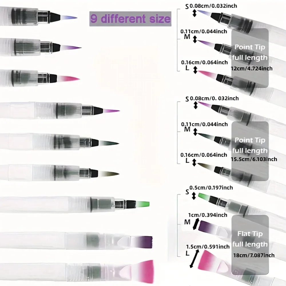 Watercolor Brush Pens Set, 9 Piece Easy Refill Water Soluble Colored Pens, Soft Tip Art Markers for Beginner Drawing & Painting