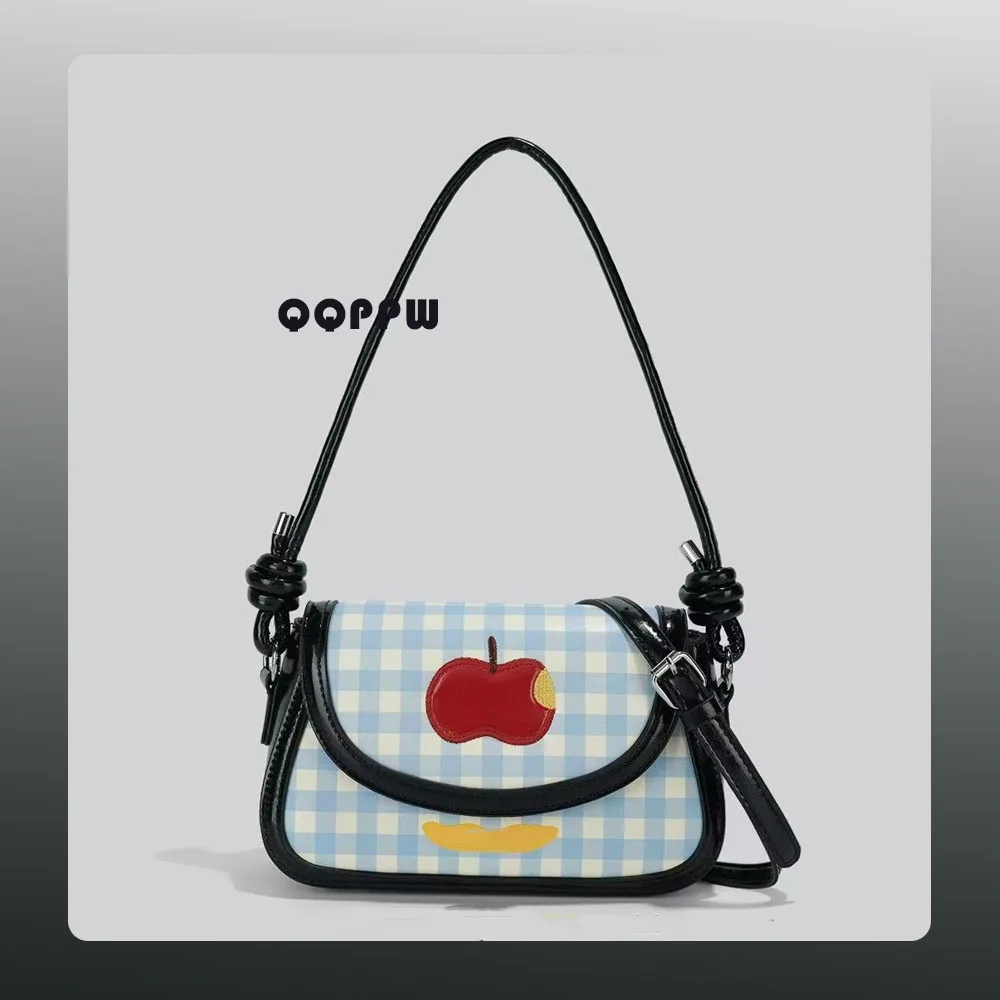 Fashion Contrast Color Plaid Crossbody Bags for Women New Trendy Apple Embroidery Flap Single Shoulder Bag