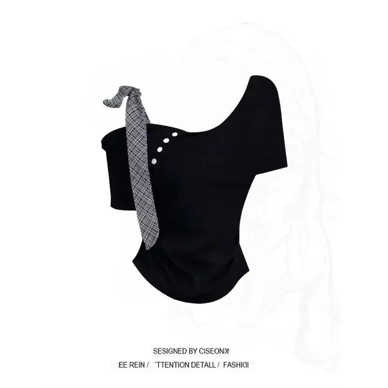 프랑스어 새로운 달콤한 불규칙한 나비 넥타이 여름 나비 티셔츠 디자인 슬림 반팔 탑