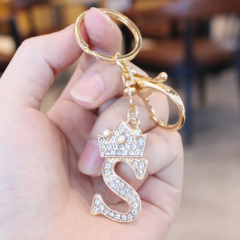 26 Initial Letter Rhinestone Keychain For Women Charm Crystal Crown Gold Plated Key Ring Bag Car Key Chains DIY Accessoreis