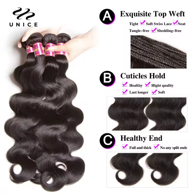 UNice Body Wave Bundles Natural Color 100% Human Hair Bundles Sew-in Quick Weaves Virgin Hair 1/3/4 Bundles Deal - Image 2