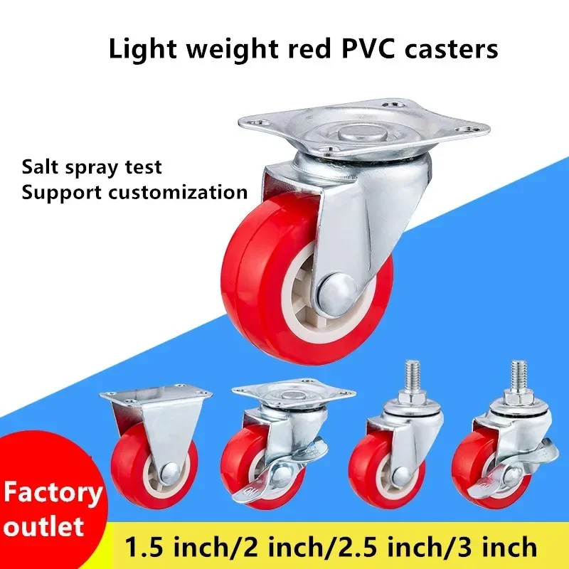 4 Pcs/Lot 1.5/2/2.5/3 Inch Casters M8/M10 Screw Fixed/Universal/Brake Wheels Silent Coffee Table Pulley Light Furniture Red PVC