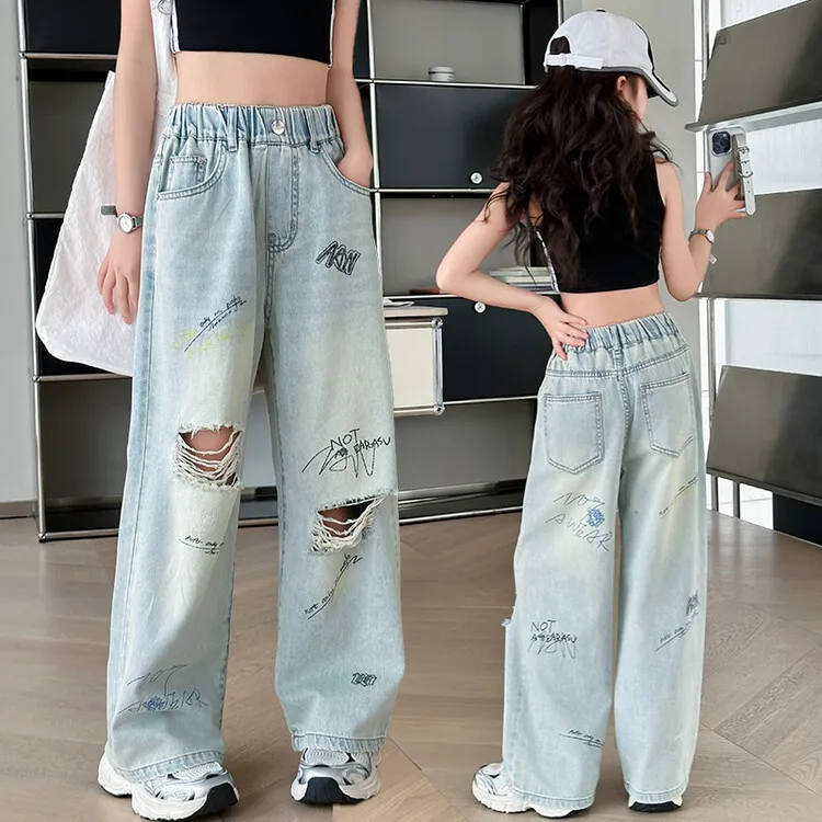 Summer Tween Girls Ripped Jeans with Letter Print Kids Streetwear Broken Wide Leg Denim Pants Child Jeans Trousers with Holes