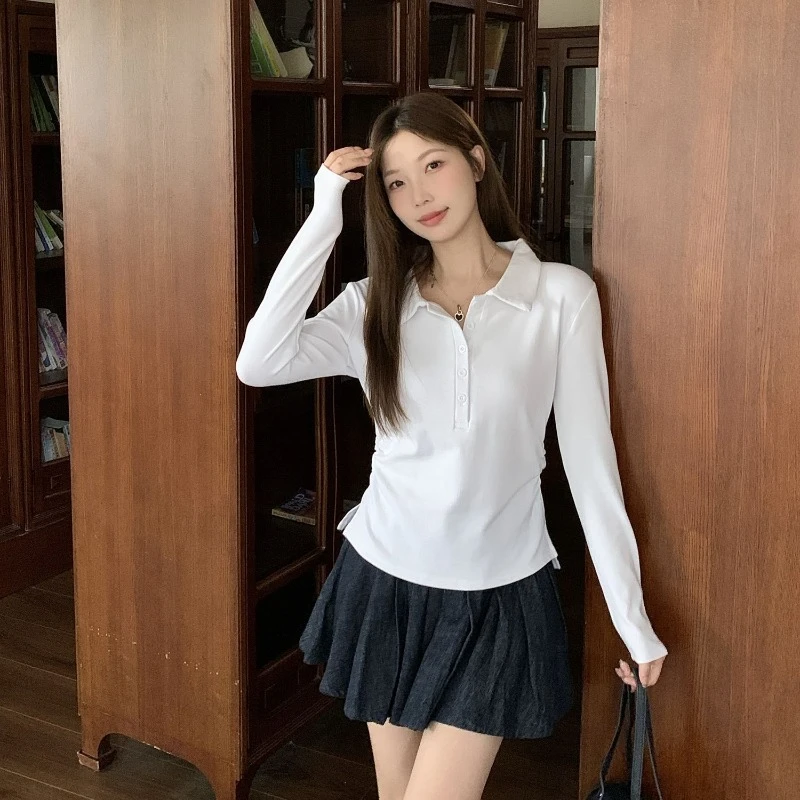 Women Long Sleeve T-shirt Collar Straight Shoulder Irregular Design Slim Fit Tummy Cover Chic Autumn Top For Curvy Fashion​