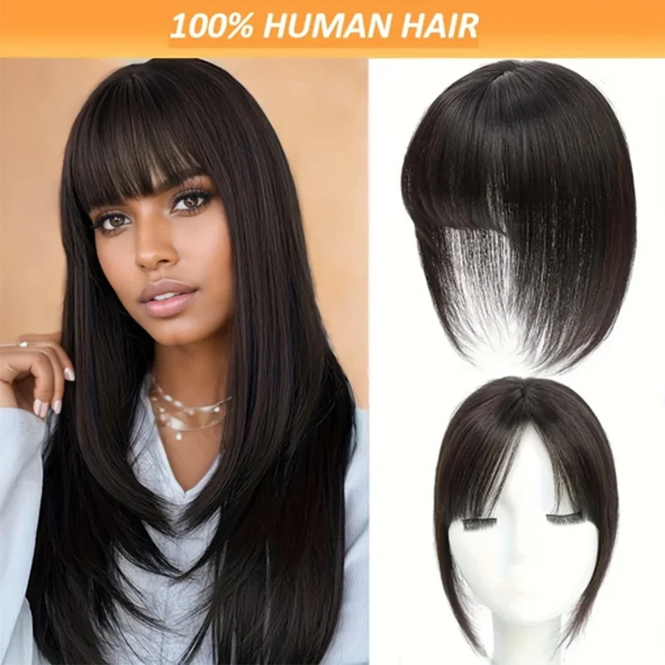 Straight Natural Black Color Topper Hair With Bangs 100% Human Hair Toppers For Women Clip In Hair Extensions Daily Use Easy To