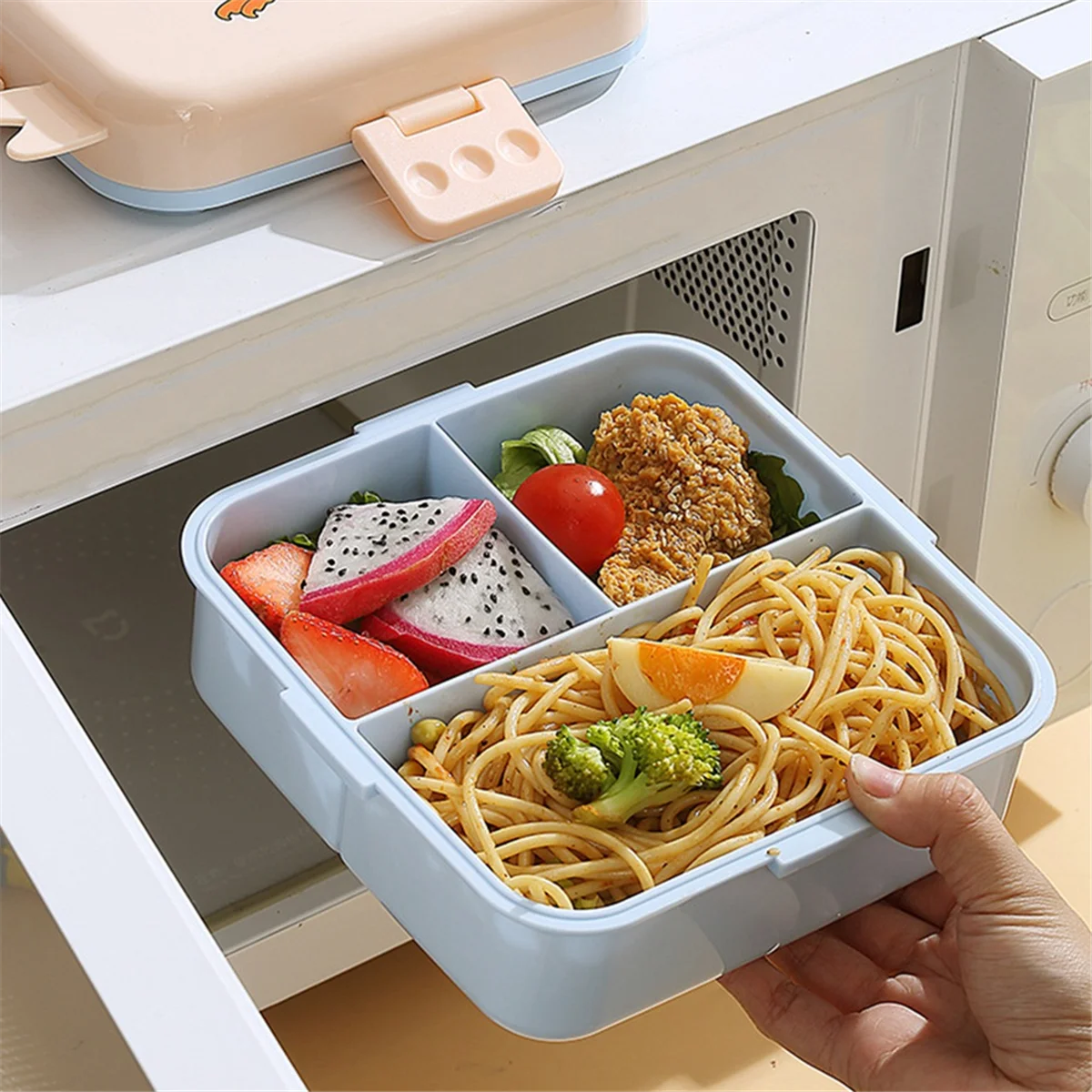 Lunch Box with Cutlery and Seasoning Box Divider, Microwave Lunch Box, Leak-Proof Food Container Pink