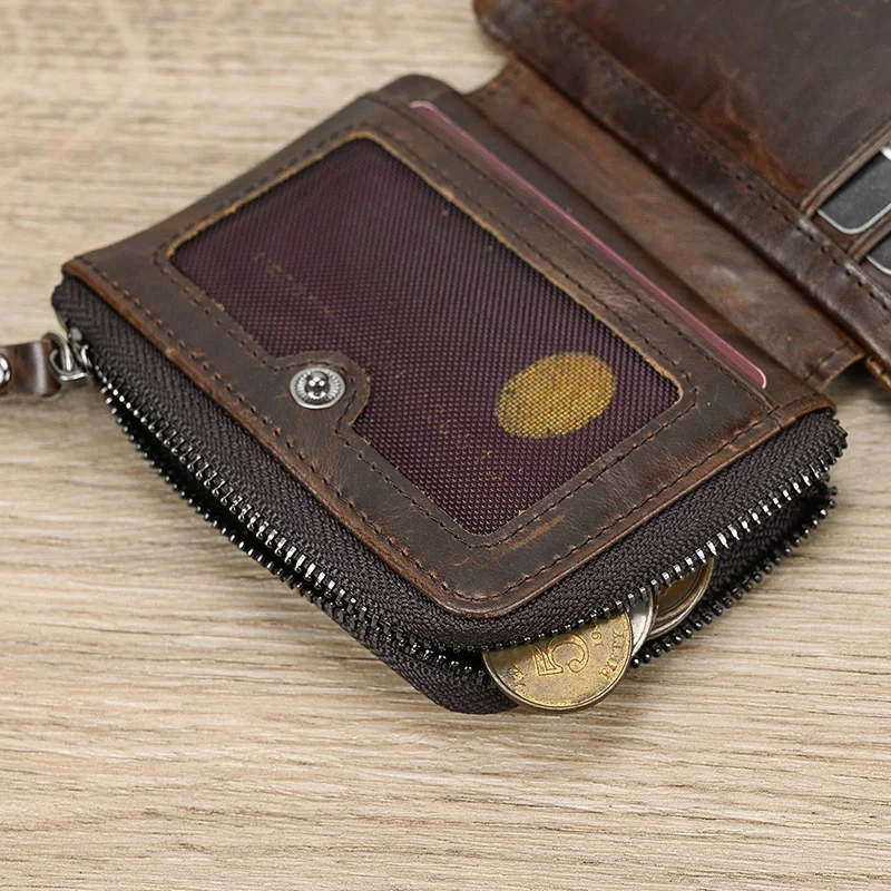 Luufan Leather Men‘s Short Wallet Hasp Genuine Leather Unisex Zipper Coin Clutch Purse Cowhide Card Holder Trifold Man wallets