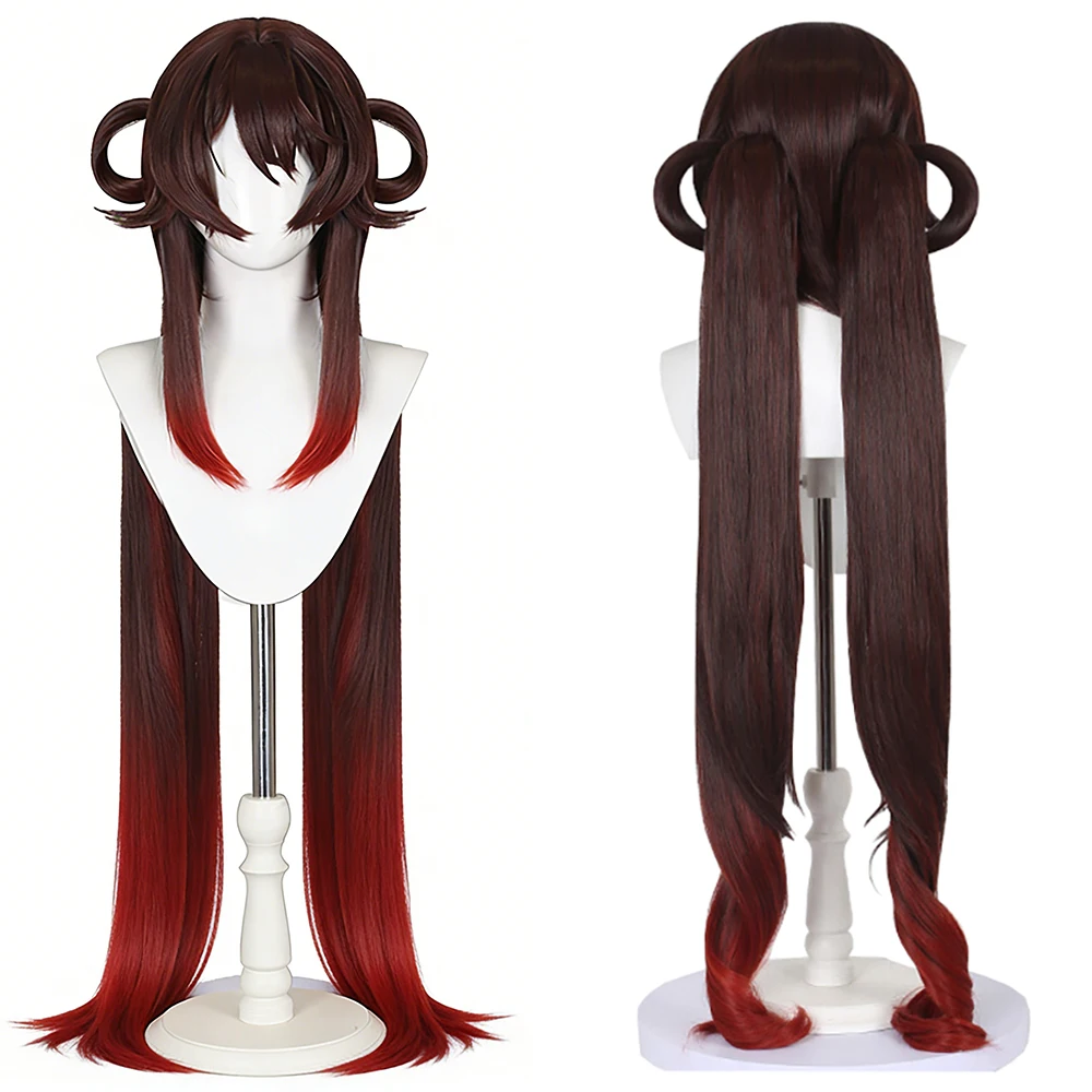 Hu Tao Cosplay Wig Brown Red Ombre Long Straight Detachable Double Ponytail Heat Resistant Synthetic Hair Anime Halloween Party