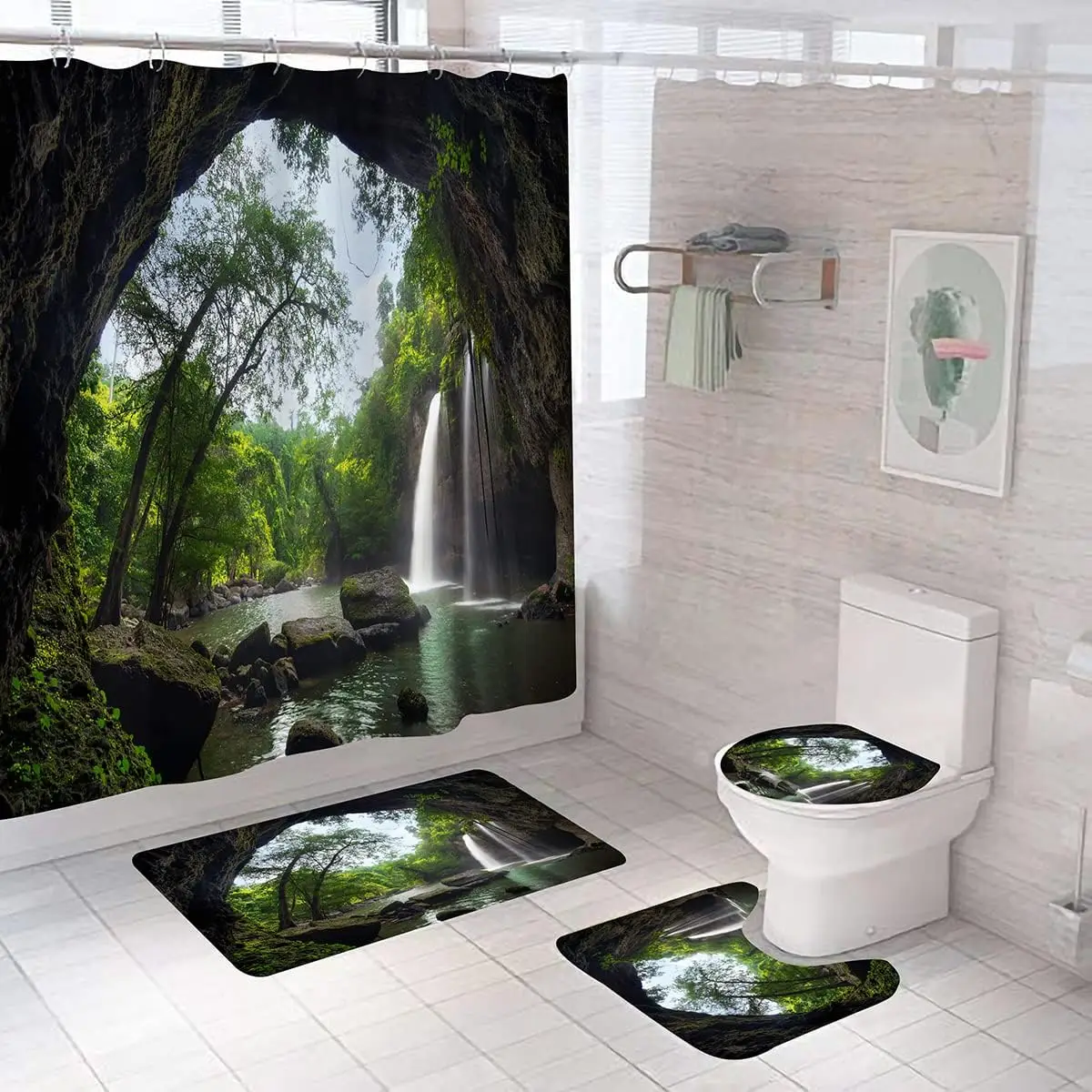 

Waterproof Tropical Waterfall Shower Curtain Jungle Forest Bathroom Curtain Liner Polyester Home Decor