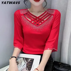 2024 Summer New Women Mesh Tees top Fashion Sexy Cross Hollow Out Hot Diamond 3/4 Sleeved Bottoming Shirt Elasticity t-Shirt