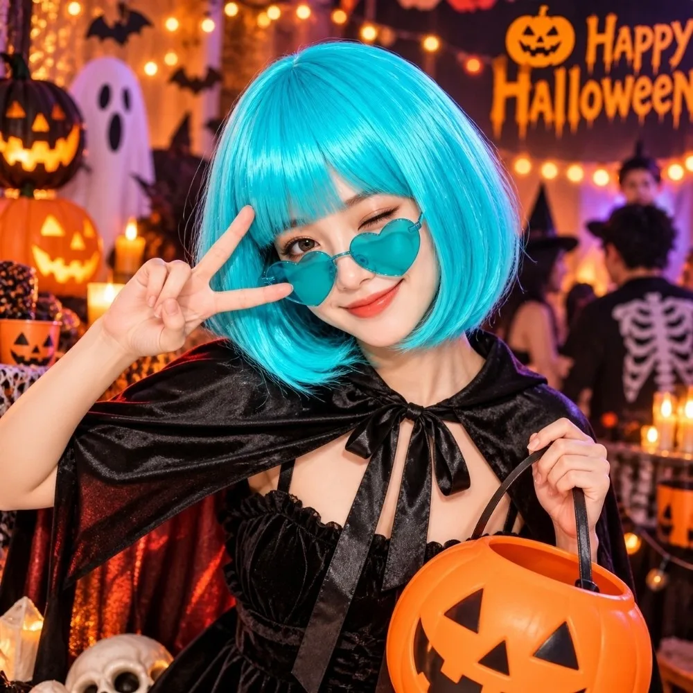 3Pcs Colorful Short Bob Hair Wig Halloween Christmas Role-playing Short Hair Wig Party with Hairnet and Glasses Cosplay Wig Set