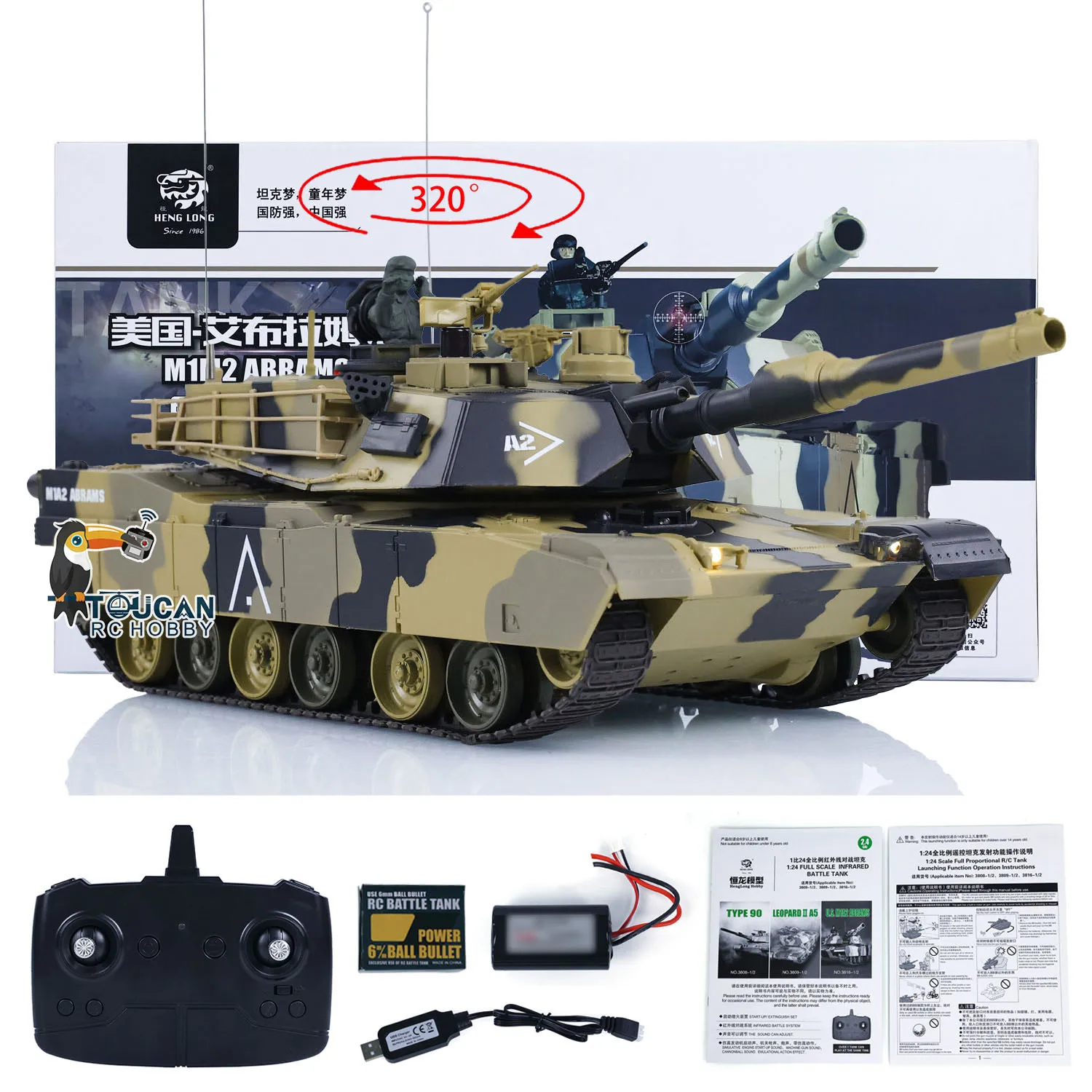 1/24 Heng Long M1A2 3816-2 RC Tank Abrams 2,4G juguetes TOUCAN Radio Control tanque de batalla coches vehículo modelo para niños regalos TH23394