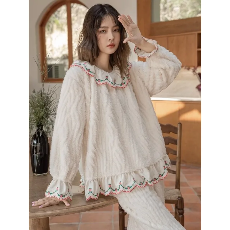 2023 New Coral Velvet Autumn Winter Pajamas Women Fleece Thickened Winter Loungewear Long-sleeved Falbala Round Collar Sleepwear