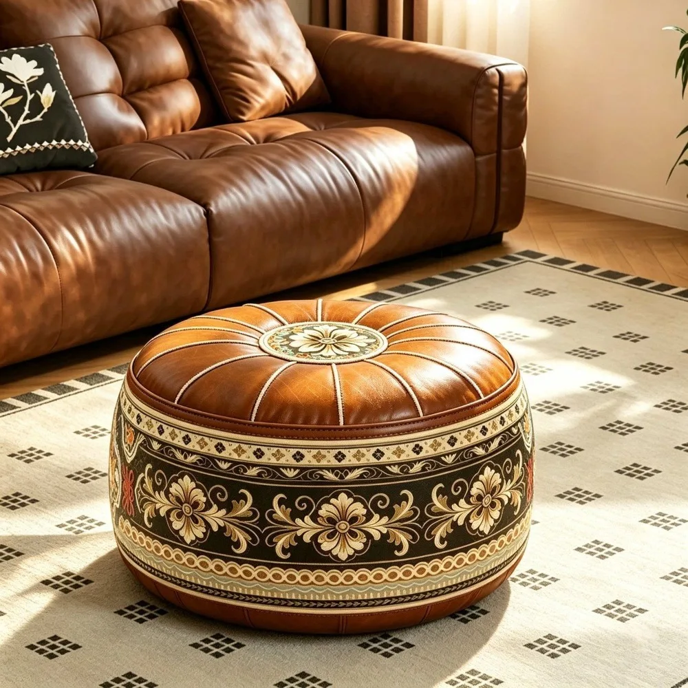 Boho Style Sofa Stool Cover PU Leather Unstuffed Round Footstool Cover Geometric Pattern Waterproof Clothes Storage Bag Leisure