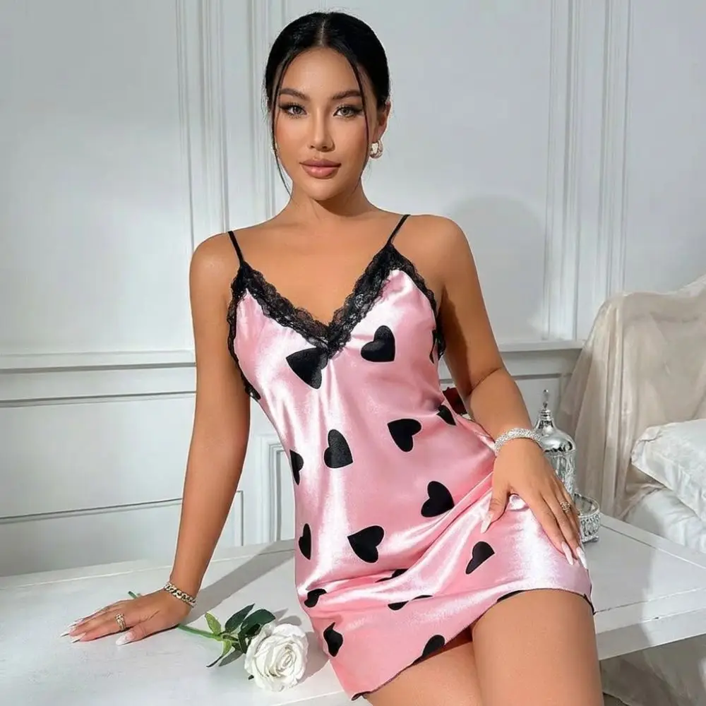 

Cute Sexy Women's Pajamas V Neck Heart Print Short Nightgown Lace Trim Thin Breathable Cami Nightdress Four Seasons