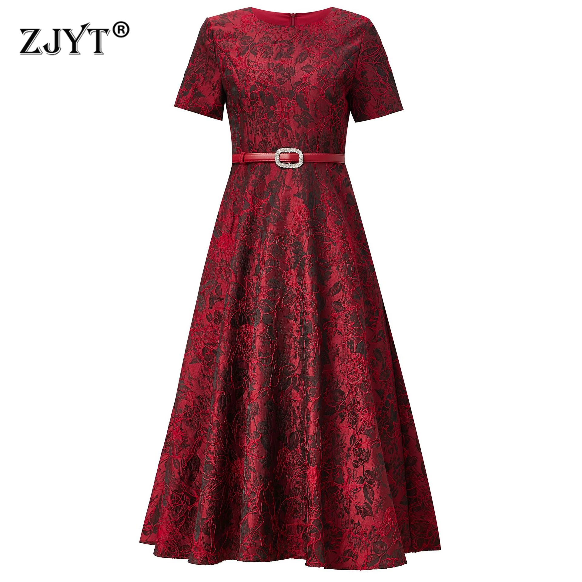 ZJYT Summer Elegant Luxury Floral Jacquard Dresses for Woman 2026 Designer Short Sleeve Vintage Midi Casual Party Dress Red Pink