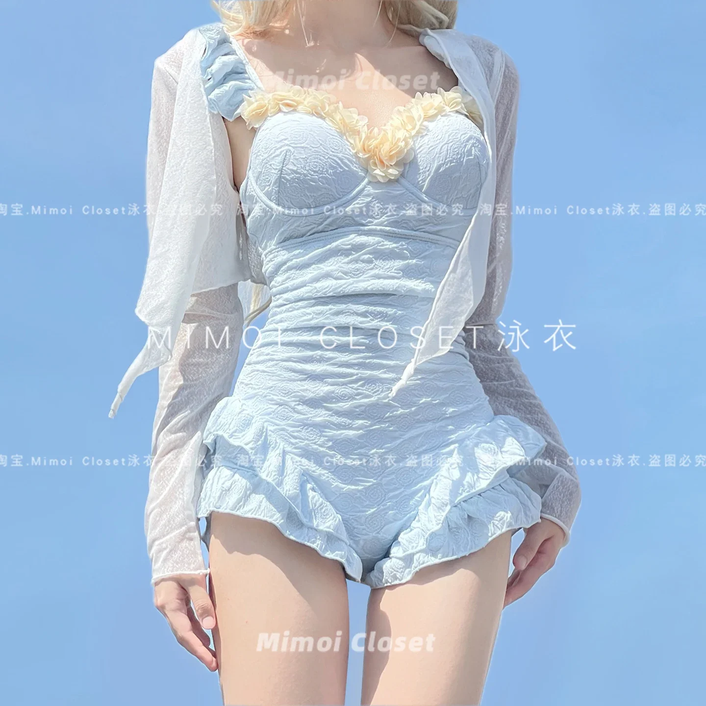Verão nova blusa de manga comprida e maiô de uma peça conjunto férias à beira-mar primavera quente puro desejo doce menina sem mangas roupa de banho