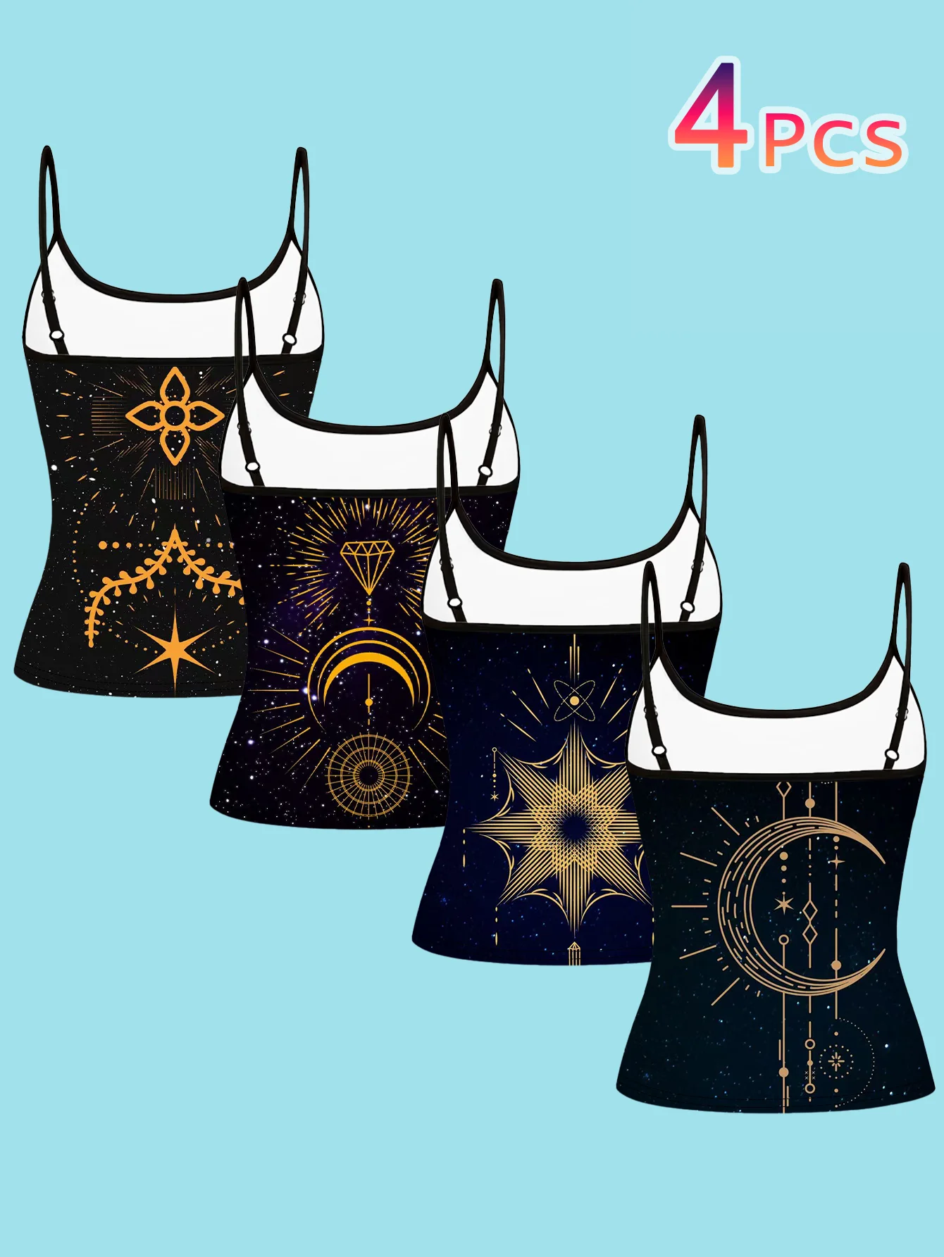 4-Piece Set of Women's Spaghetti Strap Camisoles with Starry Sky Background, Golden Sun, Moon, and Star Motifs, Mysterious Geometric Totem Print, Slim Fit Sleeveless Tops