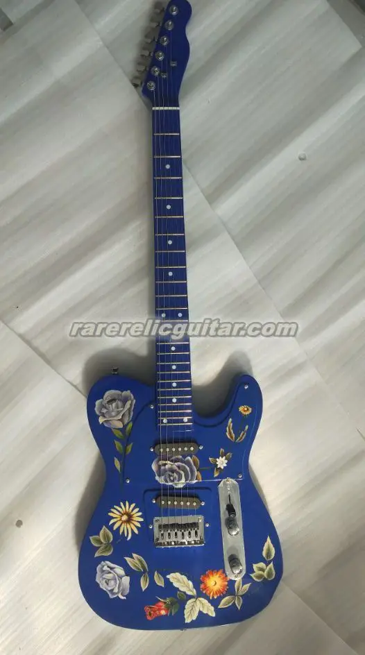 Rare Hand Work Paint Prince Floral Flower All Blue Electric Guitar Tremolo Tailpiece, Chrome Hardware, White Dot Inlay