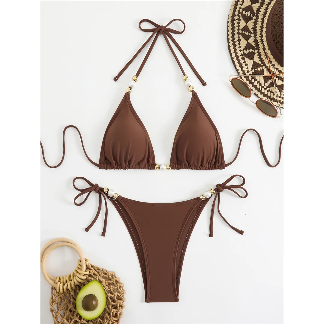 Neues zweiteiliges Bikini-Set mit Perlen und Neckholder, Damen-Bikini, Badeanzug, Badebekleidung für Damen, hoch geschnittene Beine, gepolsterter Badeanzug, Badebekleidung, V7194 – Detail 4