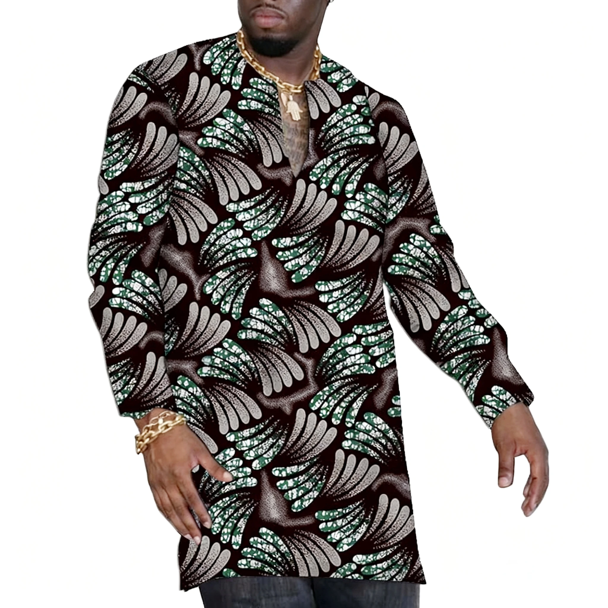 قمصان رجالية أفريقية ذات رقبة على شكل حرف v تصميم أصلي Dashiki قطع علوية مطبوعة مصممة خصيصًا ملابس الحفلات نمط عصري ملابس العريس