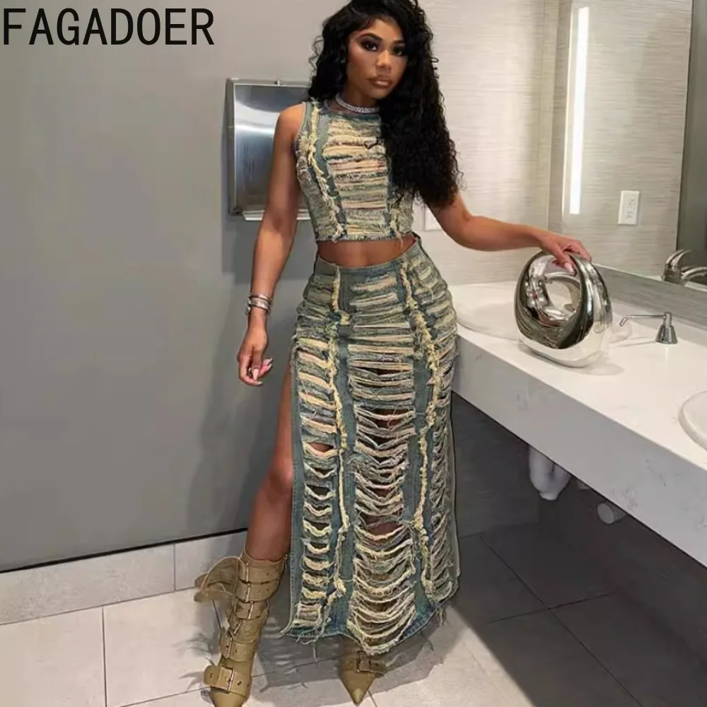 FAGADOER Fashion Streetwear Women Denim Hole Hollow Sleeveless Crop Top And Side Slit Skirts Two Piece Sets Sexy Cowboy Outfits